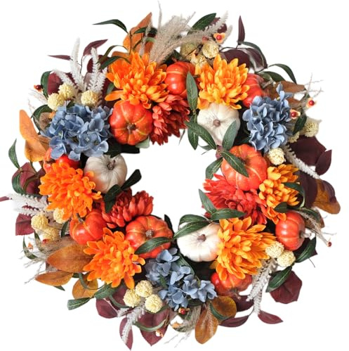 24-inch Spring Front Door Wreath Blue Hydrangea Orange Red Chrysanthemum Pumpkin Fall Wreath Indoor Outdoor Courtyard Corridor Fireplace Decoration Festival Party Decor