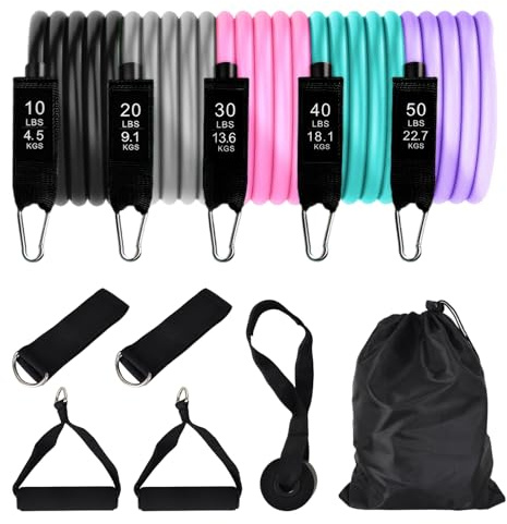 Juego de bandas de resistencia para fitness, 5 diferentes grosores, 100 kg, bandas de resistencia con asas, correas para el tobillo, anclaje para puerta, bolsa portátil para mujer, hombre, yoga