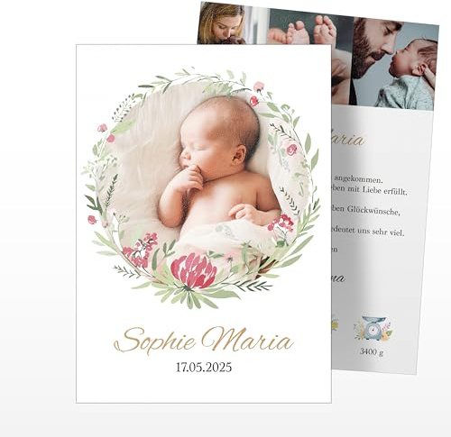 Geburtskarten Baby personalisiert – Dankeskarten Geburt selbst gestalten – ab 10 Stück, DIN A6 – Babykarten mit Foto und Text – individuelle Geburtskarten für Mädchen und Jungen - (Geburt - Motiv 1)