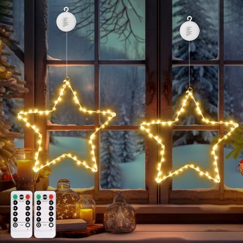DBFAIRY Weihnachtsstern Fensterlichter, 2 Stück 120 LED Sterne Weihnachtsbeleuchtung Batteriebetrieben Timer mit Saugnäpfe, 8 Modi Fensterdeko Weihnachtsstern für Balkon Hochzeit Party (Warmweiß)