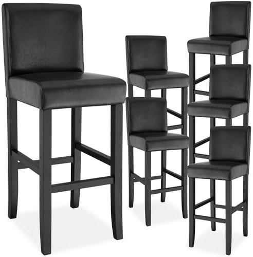 tectake® Barhocker mit Lehne, Bistrohocker, Tresenhocker, gepolsterter Barstuhl, Bistrostuhl mit Fußstütze, Holz und Kunstleder, Stuhlbeine aus Massivholz, 107 cm hoch - schwarz, 6er Set