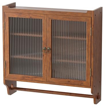 Vinsetto Vintage Glass Door Wall Cabinet Double Door Design 24.8 Brown | Three Tiers of Storage, Towel Rack