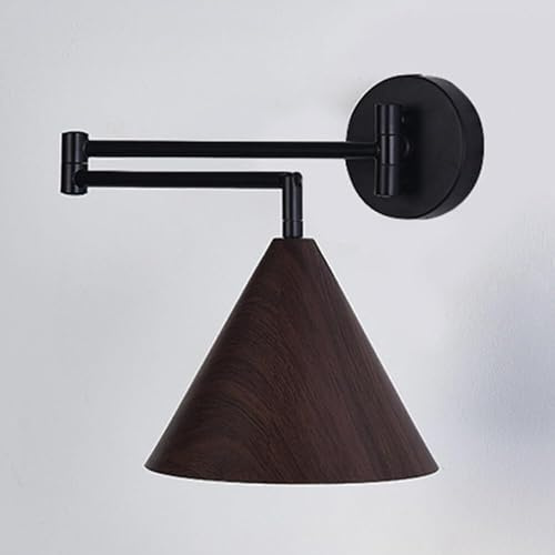 Applique da parete con braccio girevole, lampada da parete regolabile moderna di metà secolo con finitura nera e paralume conico in venature del legno, luce di lettura da comodino per testiera della c