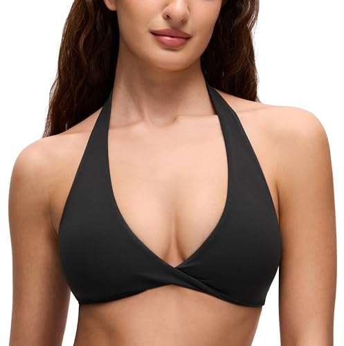 CRZ YOGA Butterluxe Double Lined Sports Bras Black Medium | Light Support, Non Padded, Yoga, Extremely Soft, Casual, Twist Front, Halter V Neck, Open back, for Women