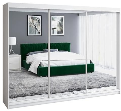 A&J MöbelLand Schwebetürenschrank ULMI Kleiderschrank 200 cm mit Spiegel und Schubladen, moderner Schlafzimmerschrank mit Schiebetüren (Weiß)