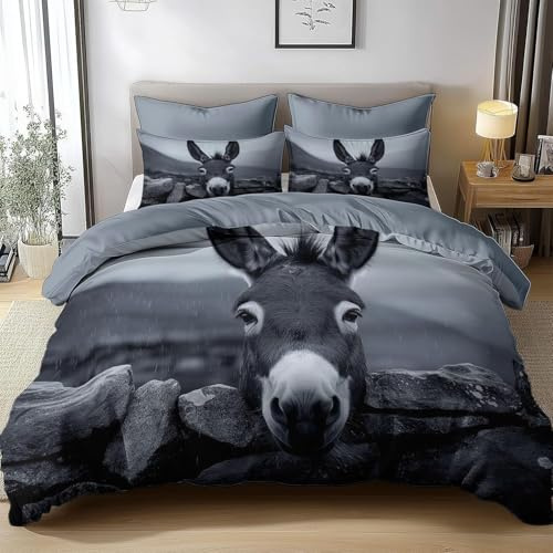 HATEGE Housse de Couette 220x240 âne, âne Parure de Lit Réversible, 3D Housse Couette Microfibre Ensemble de Literie 2 Taies d'oreiller 65x65 6247-ABC