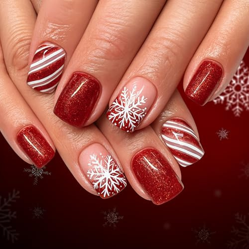 Christmas Nails with Glue, Stick on French Nails, 24Pcs Short Square Press on Nails - Red False Nails with Snowflake Designs, Full Cover Acrylic Artificial Fake Nail for Women Manicure Set