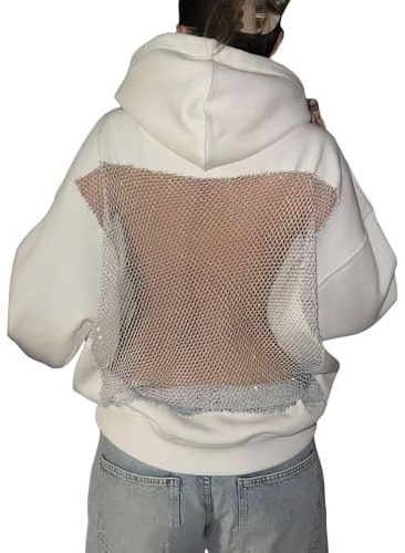 Damtröja med genombrutet nät för kvinnor, ledig, mode, långärmad, långärmad, pannband, glittrande nätblus, överdimensionerad bekväm, Vitt och blått, M