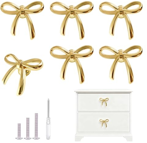 Redeam Gold Cabinet Knobs, Brushed Bow Drawer Pulls, Gold Knobs for Dresser Drawer Cupboard Furniture Closet Wardrobe Door Knobs Handles (Bow Shape- 6 Pack)