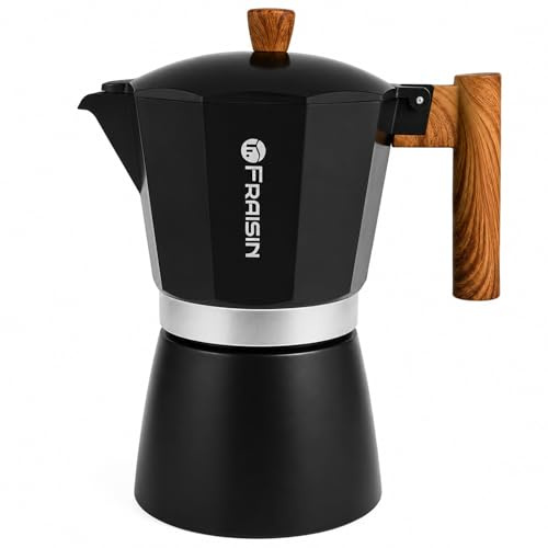 FRAISIN Spishäll espresso Moka Pot Kaffebryggare, Halkfri Träkornshandtag, Gjutet aluminium, Kompatibel med gas och elektriska spisar (svart, 12 koppar)