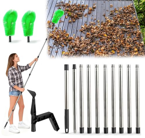 Limpiador de canalones de 390 cm, con mango telescópico, cepillo para canalones y cuchara de limpieza, pala 2 en 1, limpiador de canalones para limpiar hojas, ventanas, candelabros
