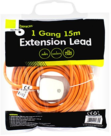 Benross 45330 15m Extension Lead / 1-Way Extension Cable/Ideal for Home, Office or Garden / 1 UK Plug Socket / 240V AC, 5 Amps/Orange Colour Cable