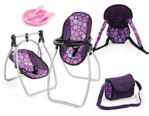 Bayer Design 63694AB Puppenzubehör, Puppenhochstuhl wandelbar, Puppentrage, Puppenwiege, Tasche, Accessoires