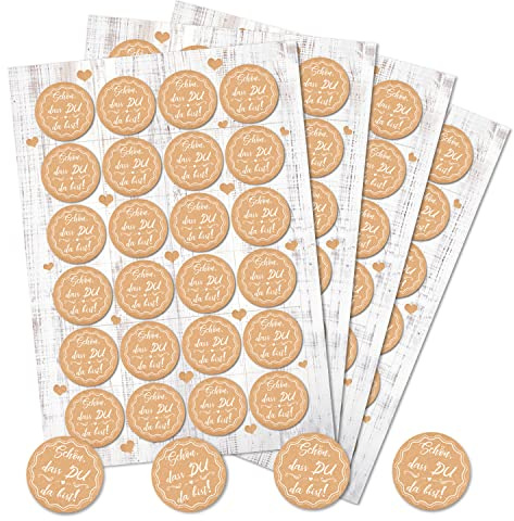 Logbuch-Verlag 96 Schön dass du da bist Text Aufkleber rund beige natur weiß Gäste Geburtstag Hochzeit Gastgeschenke Verpackung rund 4 cm