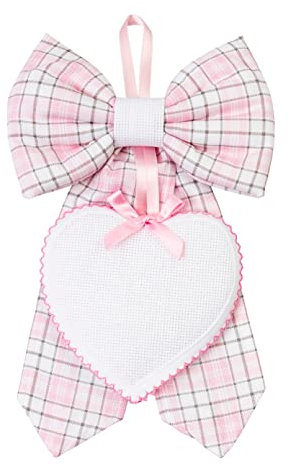 FILET - Fiocco Nascita Rosa con Pendente a Forma di Cuore in Tela Aida 55 Fori da Ricamare, Realizzato in Cotone, Ideale da Appendere per Annunciare la Nascita di una Bambina, Made in Italy