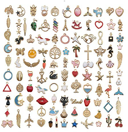 110 stycken berlocker, blandade guldpläterade emalj-hängen, djur, måne, stjärnor, frukt, blandade berlocker och hängen för gör-det-själv smycken; halsband, armband och örhängen, hantverkstillverkning