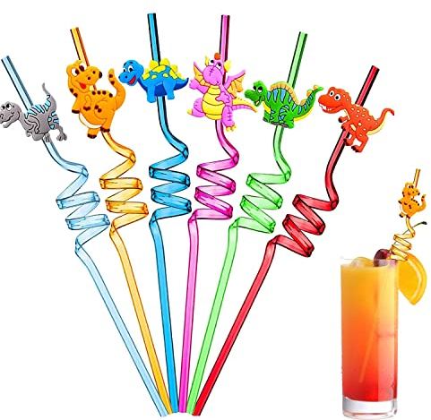 Ulife Mall Reusable Drinking Straws Novelty Dinosaur Party Straw Curly Hard Plastic Straws Kids Birthday Party Decorations Supplies Family Reunion Favors - Pack of 6
