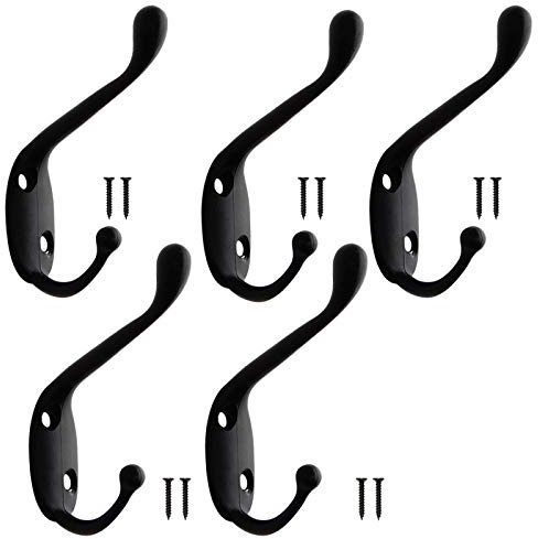 Lanzn 5 PCS Coat Hooks Black Metal Clothes Hooks Vintage Wall Hooks Heavy Duty Dual Coat Hooks Wall Mounted Coat Rack Retro Hat Hooks with 10 Screws for Kitchen Bathroom Bedroom Wall Door Wood Rail