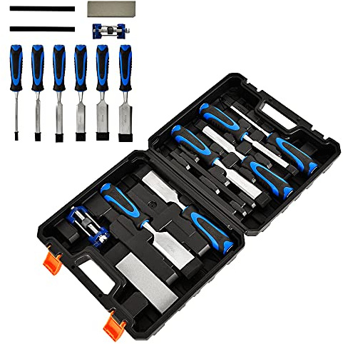 Wood Chisel Set Hand Woodworking Tools Sturdy Heat-Treated Cr-V Alloy Blades Wood Carving Chisel Set with 6 Wood Chisels, 1 Honing Guide, 1 Sharpening Stone, 2 Carpenter Pencils and Storage Case