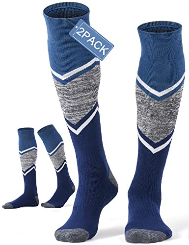 FITRELL 2 Pack Men's and Women's Ski Socks Full Cushioned Winter Merino Wool Thermal Knee High Warm Socks for Skiing Snowboarding, Blue, Large, Shoe Size 9-12