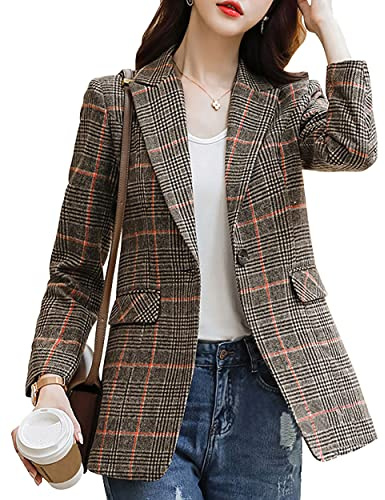 ebossy Dam Notch Lapel 2 Knappar Pojkvän Blazer Kostym Hundtand Rutig Jacka, Z khaki, M