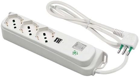 FANTON 474504ECO Multipresa 3 posti + USB OMEGA ECO RELIFE 3 prese bipasso/schuko 2P+T 16A + 2 prese USB-A 5V 3A cavo 1,5 m. spina piccola 2P+T 10A + interruttore automatico luminoso di sovraccarico