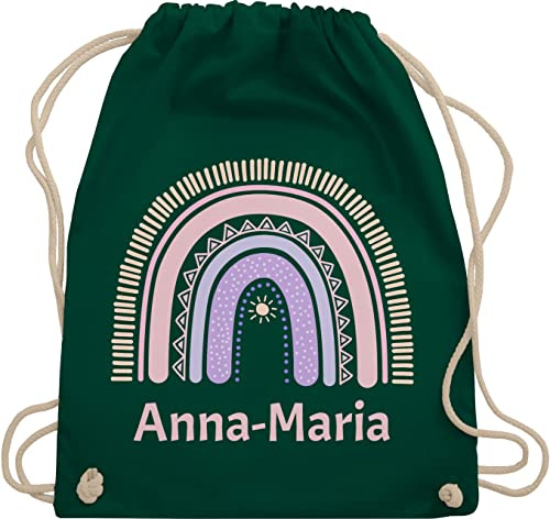 Turnbeutel Rucksack - Boho - Regenbogen - Name und Sonne - Unisize - Dunkelgrün - kindergarten kindergartenbeutel bohemian turnsack wechselbeutel kita individuell stoffbeutel