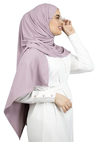 Hijab con cordones para atar con aberturas para gafas/auriculares de jersey premium acanalado para mujer musulmana velada HE510, malva, Talla única