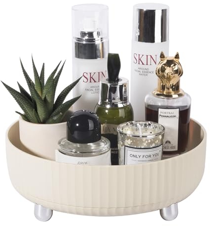 Lazy Susan Make-up-Organizer, 360 Grad drehbar, Parfüm-Tablett, Hautpflege-Organizer, drehende Kosmetik-Aufbewahrung, Vitrine für Schminktisch, Badezimmer-Arbeitsplatte, Kommode, Beige (klein)
