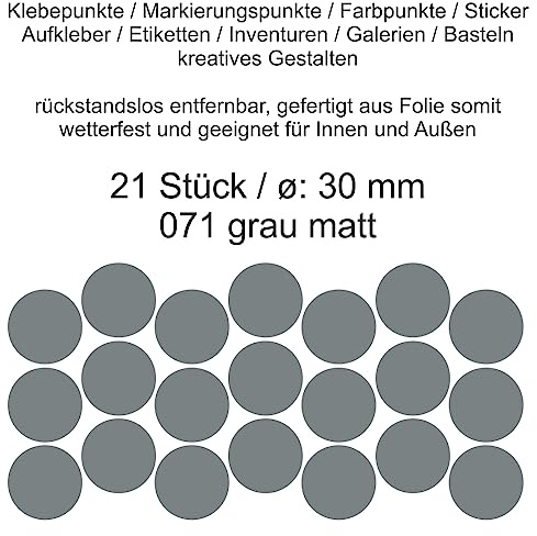 Aufkleber Etiketten Klebepunkte aus Folie 21 Stück grau matt rund 30 mm selbstklebend farbig wetterfest Decal Markierungen Organisieren DIY basteln verzieren Modellbau Scrapbooking