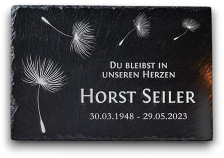 Die Geschenke Manufaktur Gedenktafel personalisiert Pusteblume Design mit persönlicher Gravur, Grabstein/Grabplatte aus natürlichem Schiefer, Individueller Grabschmuck aus Stein, Trauer