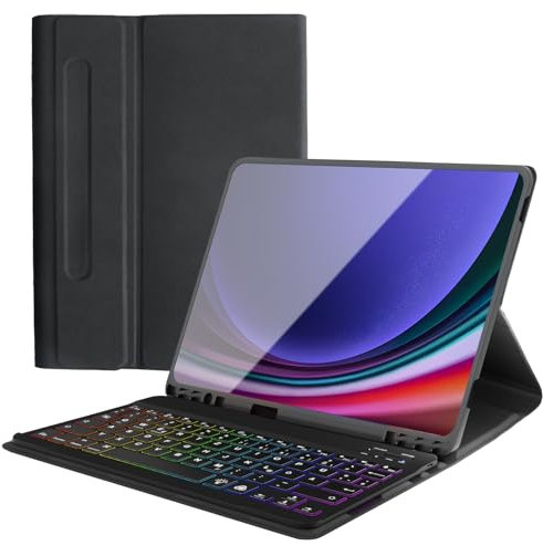 Qoosea QWERTZ Beleuchtete Tastatur Hülle für Samsung Tab S9 FE 10.9 Zoll/Tab S9 11 Zoll 2023, Soft TPU Rückseite Gehäuse Klapp Schutzhülle, Magnetisch Bluetooth Abnehmbare Drahtlose Tastatur