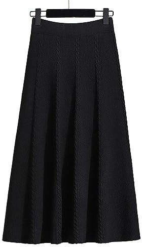 Tainrunse Grande jupe trapèze taille haute pour femmes, tricotée, ligne a, Midi élastique, couleur unie, longue et chaude pour l'automne Noir Taille unique