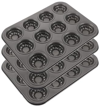 MUXHEL 3 Pcs 12-Cavity Mini Cake Pan, Non-Stick Carbon Steel Mini Cake Pan, 13.8”×10.5”×1” Black Multi-Cavity Cake Baking Pan for Baking