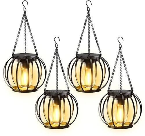 KOOPER Solar Lanterns Outdoor Waterproof, 4 Pack Upgraded Metal Hanging Solar Lights Outdoor Lanterns, Brighter Auto On/Off Outdoor Hanging Lantern for Yard Patio Pathway Porch Garden Decor