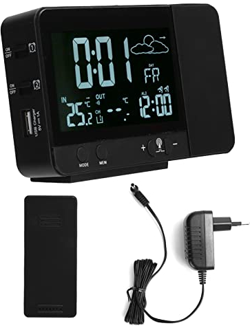 Qcwwy Projektionswecker-Wetterstation, Verstellbare 120-Grad-Projektionsuhr, Innen- und Außentemperatur-Feuchtigkeitsmonitor mit LCD-Display für Schlafzimmer