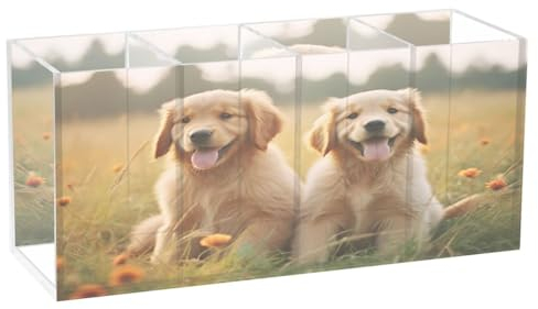 JUMBEAR Niedlicher Golden Retriever Acryl-Stiftehalter, 4 Fächer, transparenter Stiftebehälter – Schreibtisch-Schreibwaren-Aufbewahrung, Make-up-Pinselhalter für den Schreibtisch, Acryl-Organizer,