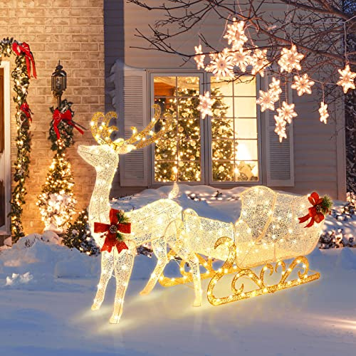 COSTWAY Light Up Reindeer Sleigh, Garden Christmas Figure Decorations with 100/215/280 Warm White LED Lights, Pre-Lit Xmas Ornament for Indoor and Outdoor (185 x 50 x 125 cm, with 215 Lights)
