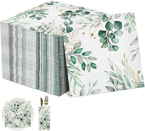 PacuM 80 Pieces Sage Green Eucalyptus Napkins Serviettes 13 x 13 Inches | Wedding Napkins Breathable Birthday Table Decorations Leaf Paper for Baby Showers Wedding Garden Party Decorations