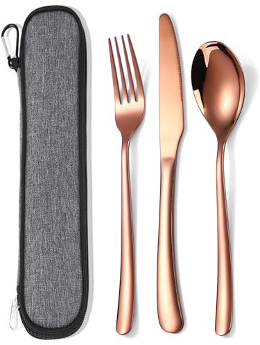 MURRI&MURRDI Stainless Steel Cutlery Set for 1, Reusable Flatware Set with Case, Cutlery Set for Work Stainless Steel Knife Fork Spoon Set 3 Piece (3 Rose Gold)