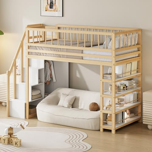 YESGIGA Hochbett 90 x 200, Hochzaun-Sicherheitsdesign mit Kleiderschrank, Regalen und Stauraum mit Sicherheitskletterleiter, Multifunktionsbett, Massivholzbett (Holzfarbe)