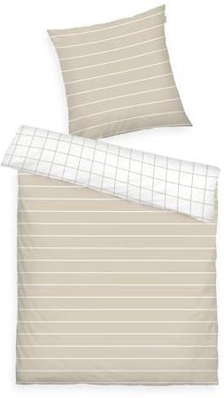TOM TAILOR Renforcé-Bettwäsche, 80x80 cm + 135x200 cm, 100% Baumwolle/Renforcé, Mit Wendemotiv und farbigem Markenreißverschluss, Check & Stripes Beige (Sunny Sand & Crisp White)