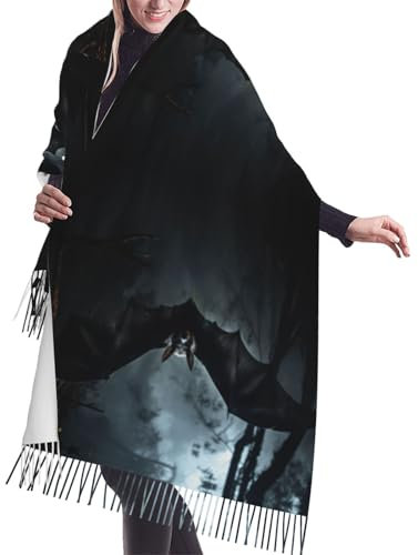 CHARMERM Halloween Fledermäuse grauer kaschmirähnlicher warmer Fransenschal warmer Schal Kaschmirschal 190 x 68 cm Damenschal, Schwarz, EinheitsgröÃŸe
