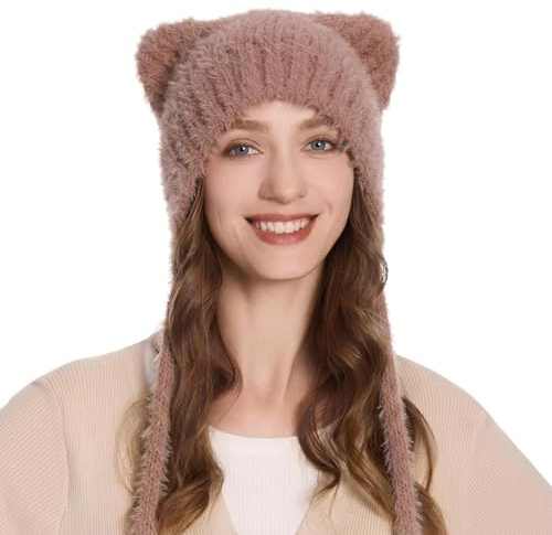ZLYC Damen Katzenohr Slouchy Strickmütze Grunge Niedlich Wintermütze