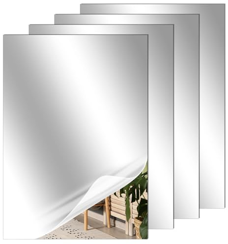 QWORK® 4Pcs A4 Self-Adhesive Mirror, Acrylic Mirror Sheets 2mm Thick, for Bedroom, Bathroom