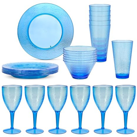 Blue Pool Acrylic 10 Inch Plates X6, Dinner Bowls X6, Wine Glasses X6, Tumblers X6, Reusable Lightweight BPA Free Dinnerware Bundle Set, Perfect for Indoor/Outdoor Use