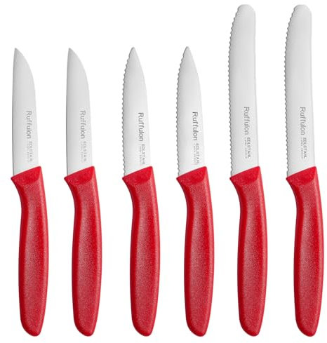Ruffulon Paring Knife,Peeling Knife Set of 6,Vegetable Knife Small,Premium Fruit Knifes,Sharp Small Kitchen Knife Sets,Straight Edge&Serrated Knifes,Red Kitchen Paring Knives