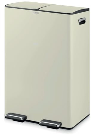 Tower Recycling Pedal Pin with Two 30L Compartments, Two Inner Buckets, Stainless Steel Body, 60L, Cream