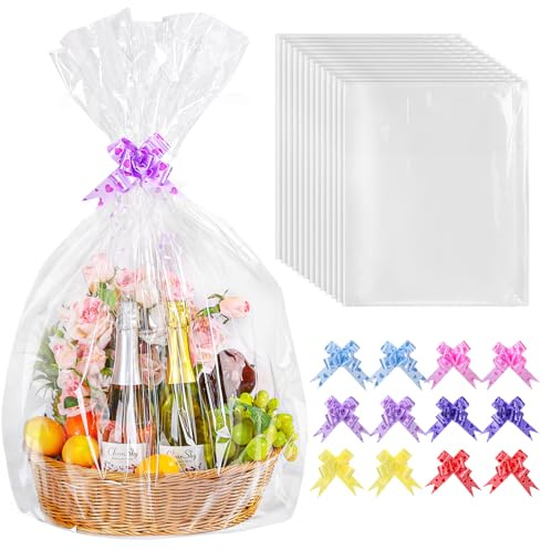 woric 12 Pcs Extra Large Cellophane Wrap for Hampers, 30*40 Cellophane Bag | 75*100cm Hamper Wrapping Cellophane with Bows for Gift Baskets, Hampers, Birthday, Halloween, Christmas