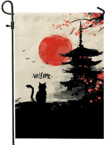 Drapeau de jardin en forme de chat japonais, fleur de cerisier rouge, décoration extérieure double face, bannière de cour en toile de jute, décoration saisonnière de pelouse 30,5 x 45,7 cm